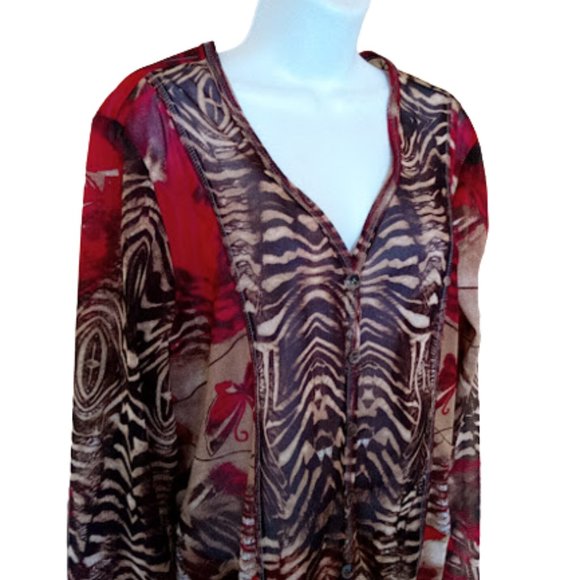 --- Beige Red Printed Pull Over Blouse Size XL - Picture 2 of 2